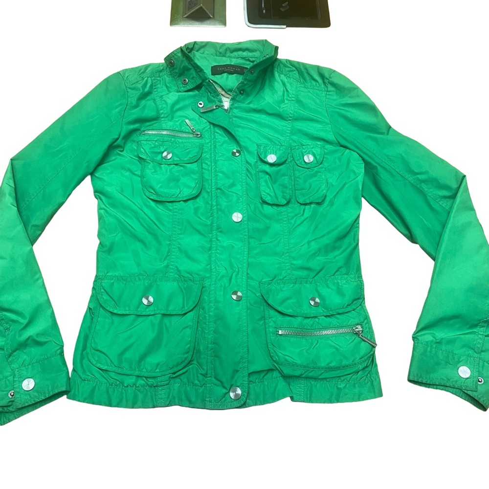 Zara Retro Green Women’s Utilitarian Biker Jacket Zipper Up & Button Up Size M